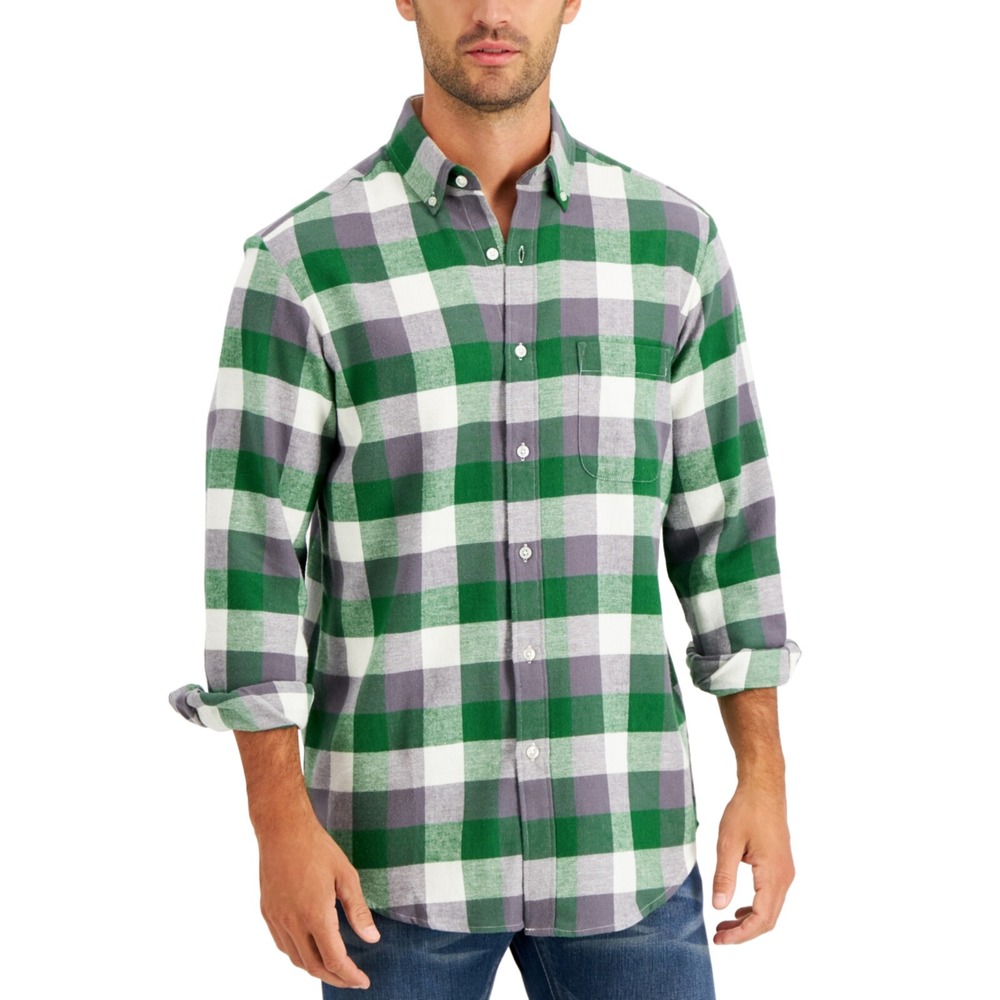 Club Room Mens Plaid Flannel Shirt Green Gray White Medium 100129274MN